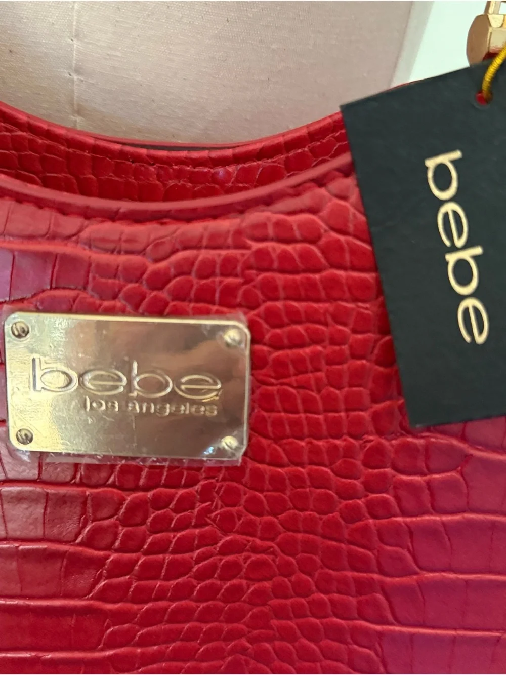 NWT BEBE Red Croc Embossed Handbag Braided Top Handles/Tassels/Crossbody Strap